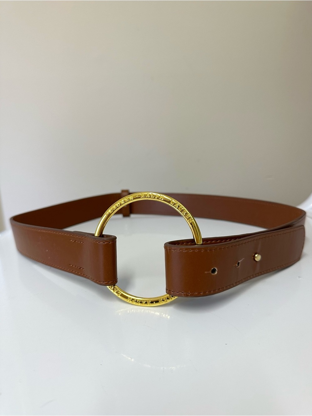Ralph Lauren Equestrian Brown Leather Belt with Circular Gold Ring Buckle